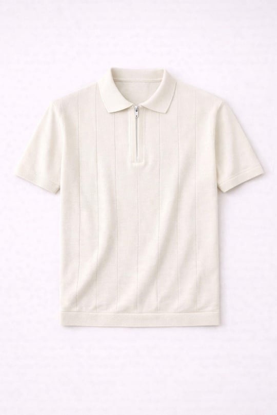Ritchie Fermuarlı Polo Yaka Dikey Çizgili Kısa Kollu İnce Triko Erkek T-Shirt - Bej