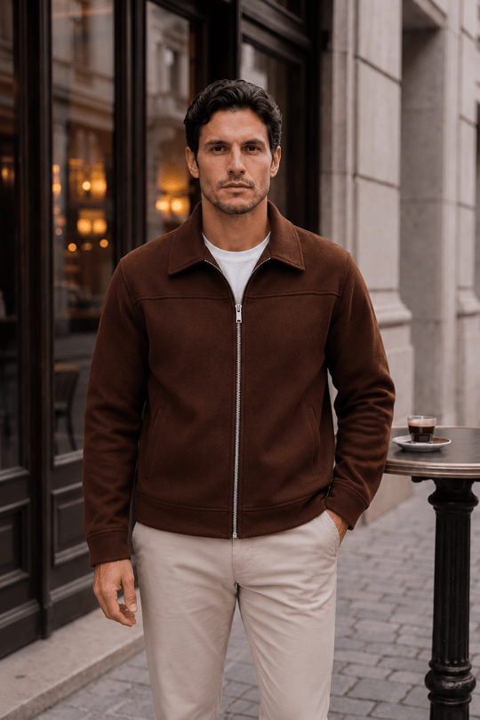 Harrison Relaxed Fit Kaşe Fermuarlı Erkek Ceket - Kahve