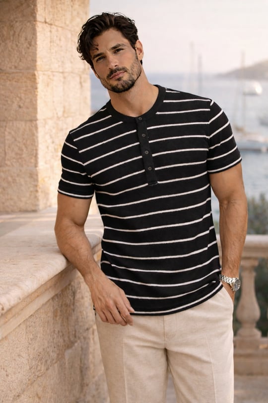 Kristof Pike Kumaş Regular Fit Düğmeli Yaka Kendinden Çizgili T-Shirt - Siyah