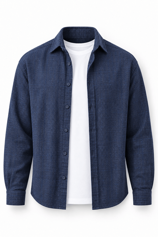 Pixel Relaxed Fit Pamuklu Mikro Çizgili Flanel Erkek Gömlek - Lacivert