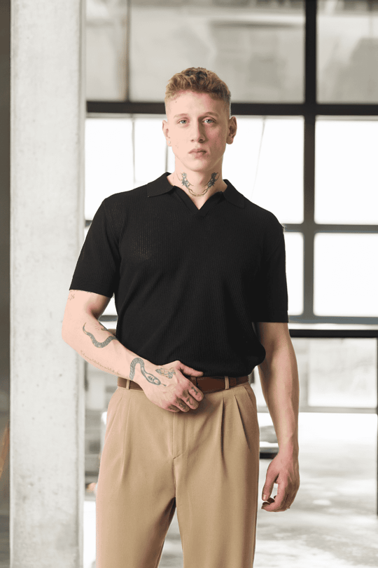 Örme Desenli Viskon Polo Yaka Triko Erkek T-Shirt - Siyah