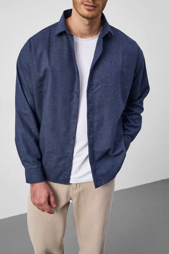 Pixel Relaxed Fit Pamuklu Mikro Çizgili Flanel Erkek Gömlek - Lacivert