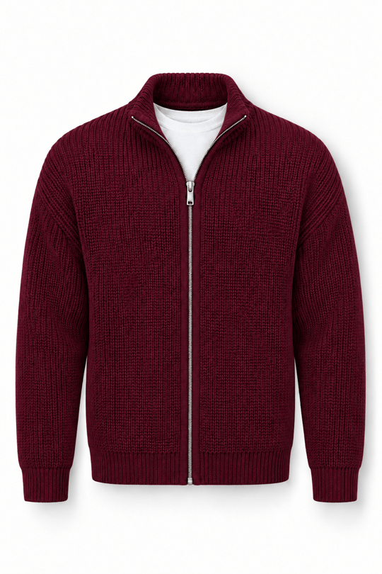 Woody Relaxed Fit Selanik Örme Fermuarlı Erkek Hırka - Bordo