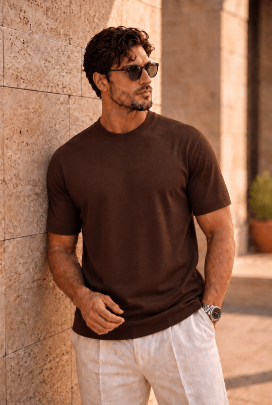 Kwon Bisiklet Yaka Basic Kısa Kollu İnce Triko Erkek T-Shirt - Kahve
