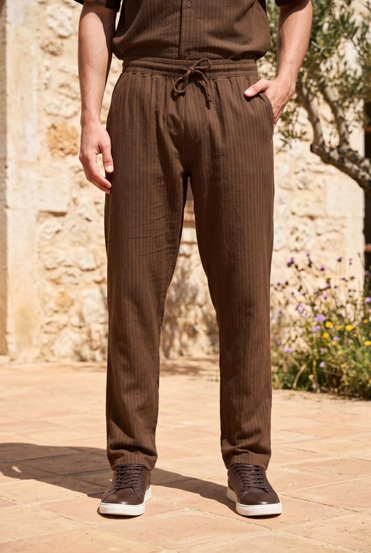 Calvert Tensel Pamuk Kumaş Çizgili Relaxed Fit Erkek Pantolon - Kahve