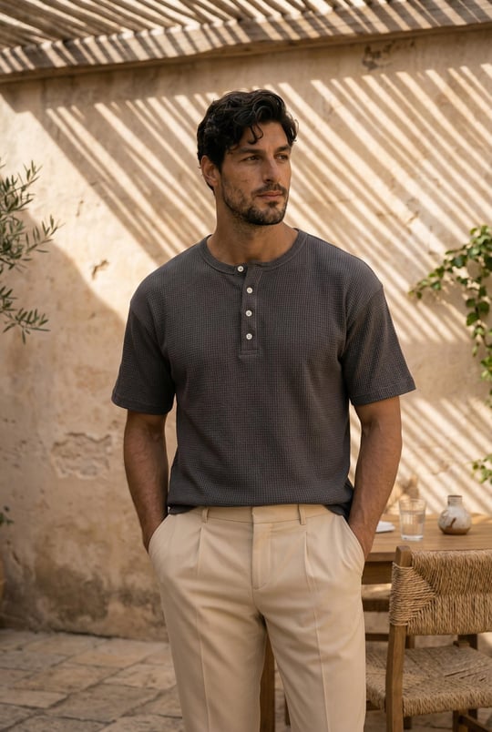 Roth Relaxed Fit Günlük Henley Yaka Waffle Kumaş Yazlık Kısa Kollu T-Shirt - Füme