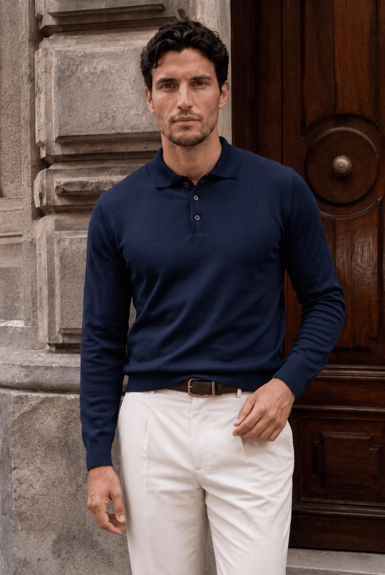 Portofino Premium Düğmeli Polo Yaka İnce Erkek Triko Kazak - Lacivert