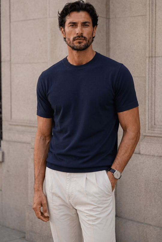Kwon Bisiklet Yaka Basic Kısa Kollu İnce Triko Erkek T-Shirt - Lacivert