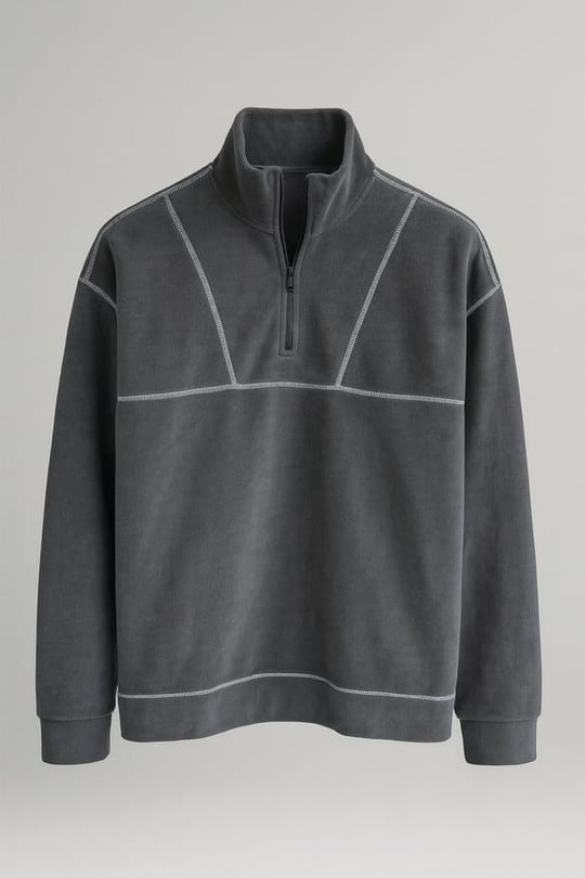 Crowe Çizgi Şeritli Oversize Yarım Fermuar Polar Erkek Sweatshirt - Füme