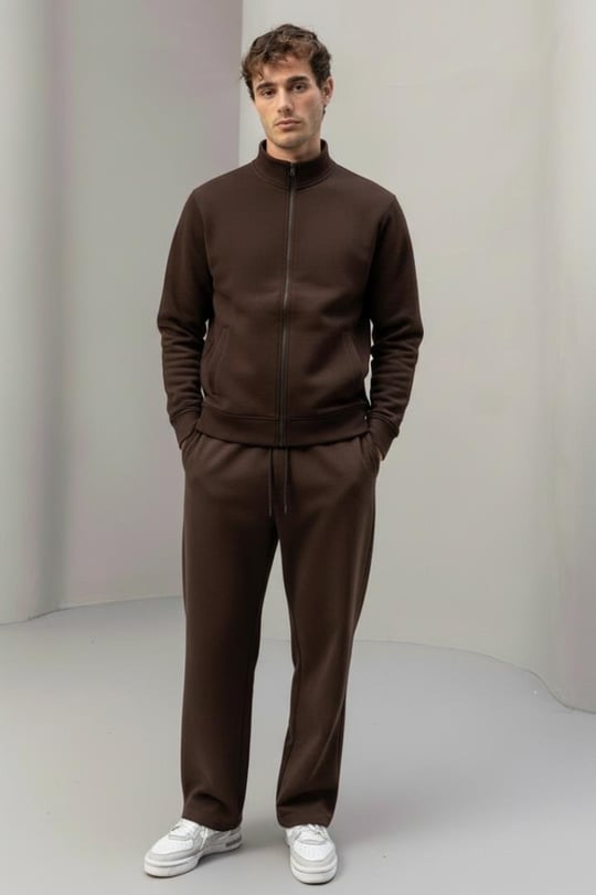 Marcel Regular Fit Fermuarlı Kıstıma Cepli Üç İplik Şardonlu Sweatshirt Kahve - Baggy Kalıp 3 İplik Şardonlu Eşofman Altı Kahve