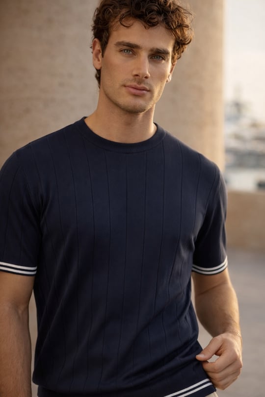 Dale Kolları Şeritli Bisiklet Yaka İnce Triko Örme Regular Fit Erkek T-Shirt - Lacivert