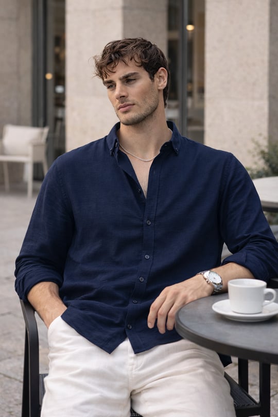 Scott – Soft Dokulu Yarım Oversize Modern Keten Görünümlü Erkek Gömlek- Lacivert