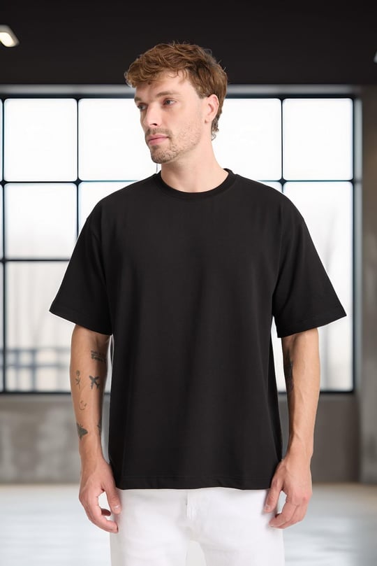 İki İplik Kumaş Pamuklu Bisiklet Yaka Basic Oversize Erkek T-Shirt - Siyah