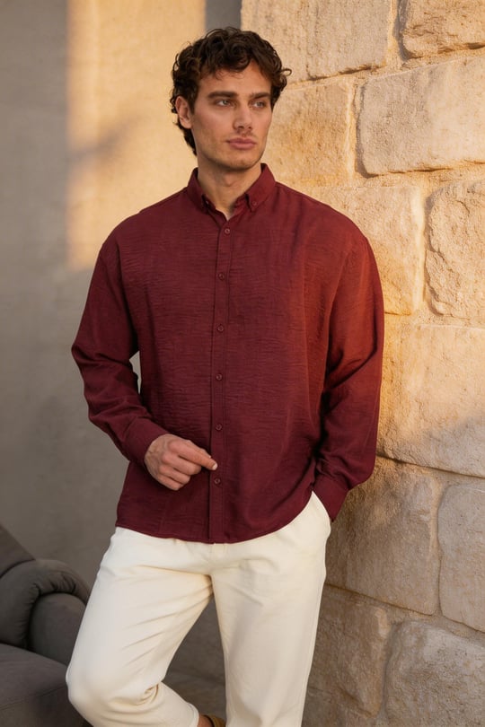 Scott – Soft Dokulu Yarım Oversize Modern Keten Görünümlü Erkek Gömlek - Bordo