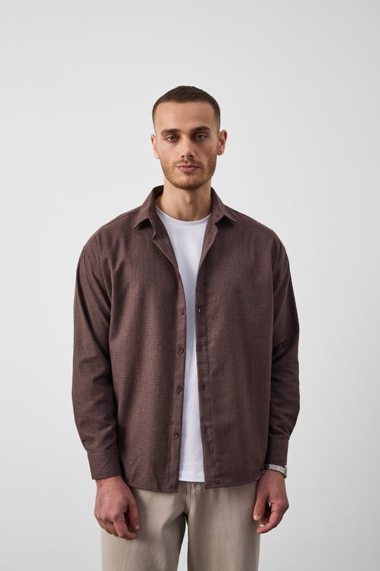 Pixel Relaxed Fit Pamuklu Mikro Çizgili Flanel Erkek Gömlek - Kahve