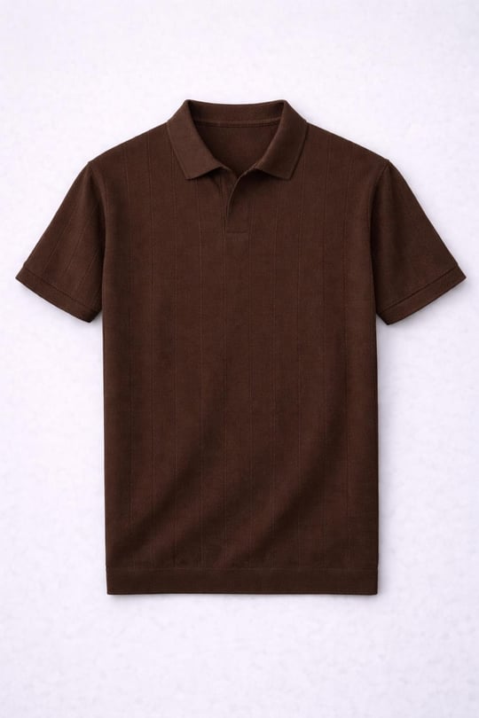 Elatus Çizgili V Yaka İnce Triko Relaxed Fit Polo Yaka Erkek T-Shirt - Kahve