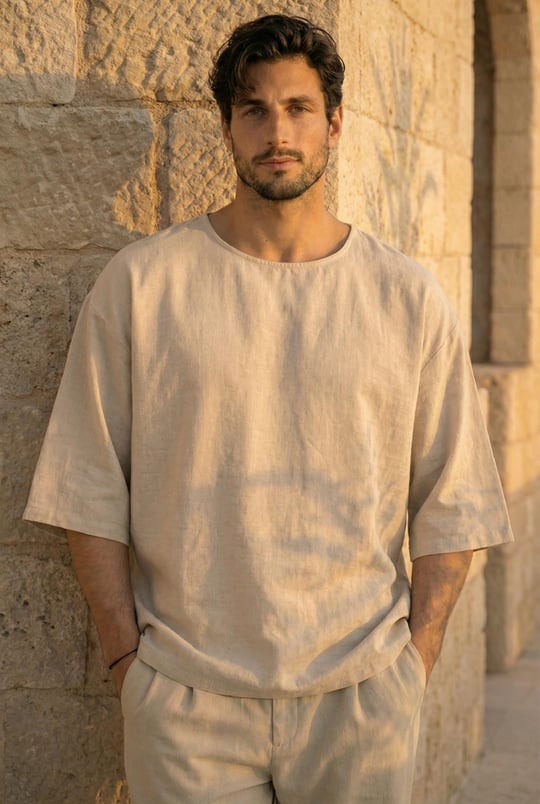 Castiel Bisiklet Yaka Fakir Kol Oversize Kısa Kol T-shirt - Bej