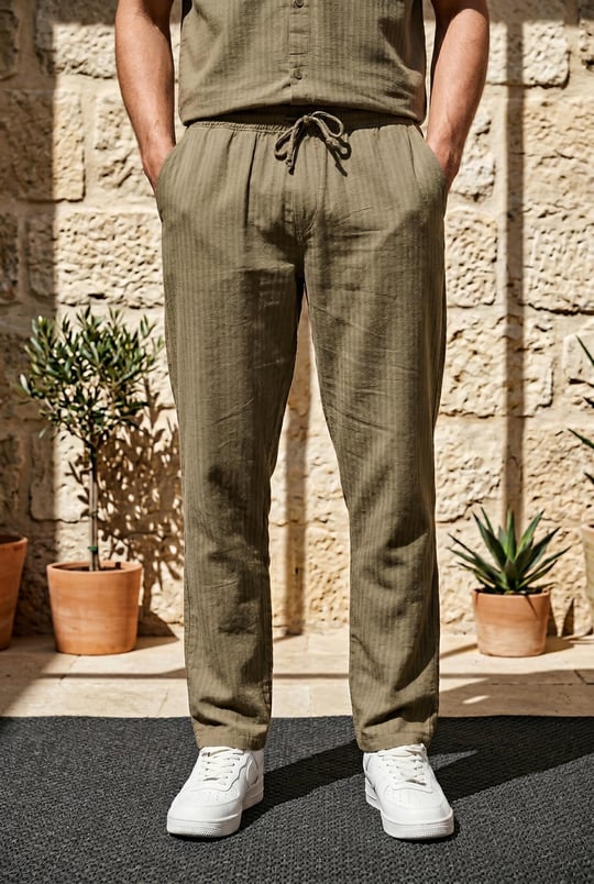 Calvert Tensel Pamuk Kumaş Çizgili Relaxed Fit Erkek Pantolon - Avcı Yeşili