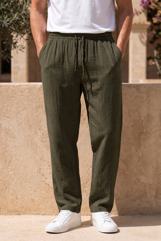 Hafif ve Rahat Müslin Baggy Erkek Pantolon - Koyu Haki