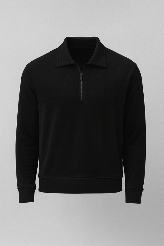 Eric Relax Fit Yarım Fermuarlı Polo Yaka Selanik Kumaş Erkek Sweatshirt - Siyah