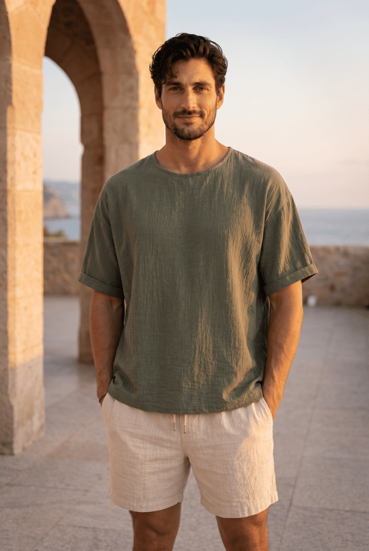 Godard Relax Fit %100 Pamuk Müslin Kumaş Duble Kol Bisiklet Yaka Erkek T-Shirt - Avcı Yeşili