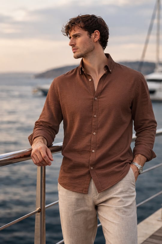 Scott – Soft Dokulu Yarım Oversize Modern Keten Görünümlü Erkek Gömlek- Kahve