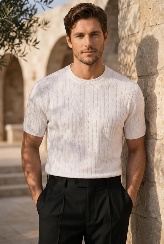 Walsh Saç Örgü Desenli Bisiklet Yaka İnce Triko Erkek T-Shirt - Ekru