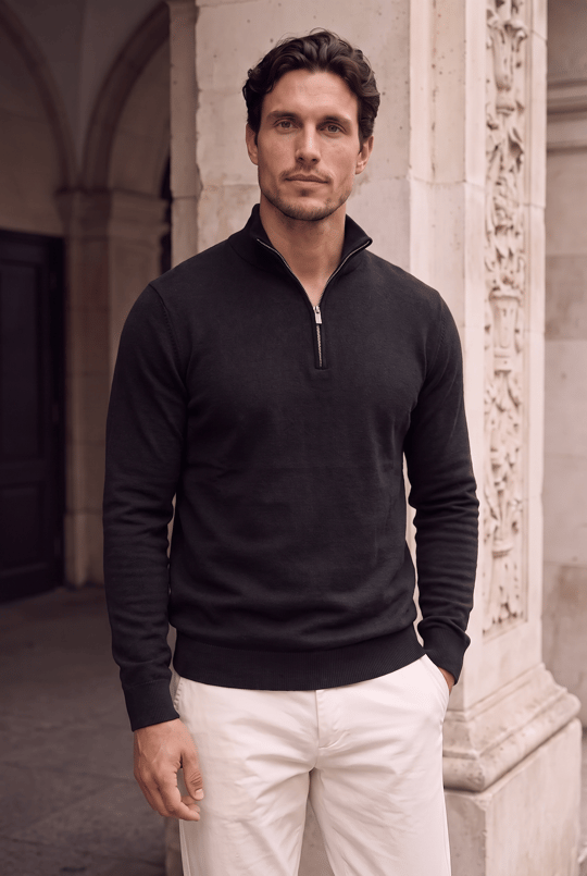 Lars Selanik Örme Kumaş Yarım Fermuar Erkek Sweatshirt - Siyah