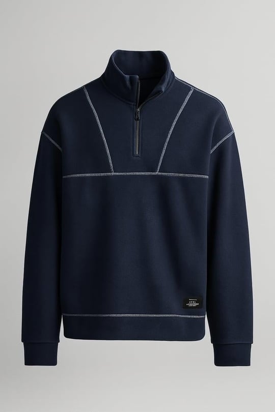 Crowe Çizgi Şeritli Oversize Yarım Fermuar Polar Erkek Sweatshirt - Lacivert