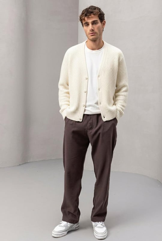 Nopenli Fitil Örgü Düğmeli Hırka Ekru - Wenders Bisiklet Yaka Sweatshirt Ekru - Wilder Modal Kumaş Pantolon Kahve