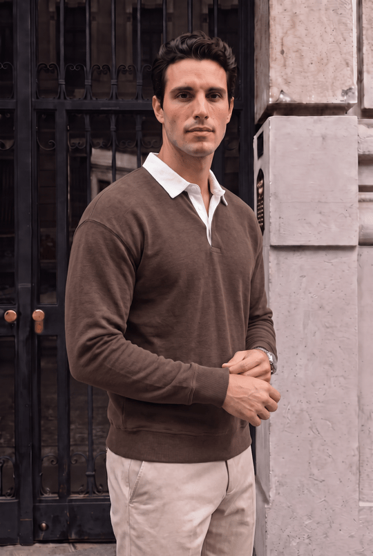 Luis Polo Yaka Selanik Örme Kumaş Erkek Sweatshirt - Kahve
