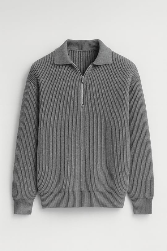 Gibson Oversize Yarım Fermuar Gömlek Polo Yaka Selanik Örme Erkek Triko Kazak - Füme