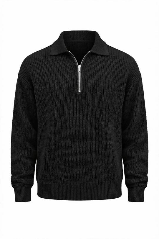 Gibson Oversize Yarım Fermuar Gömlek Polo Yaka Selanik Örme Erkek Triko Kazak - Siyah