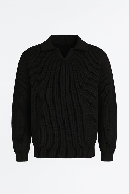 Joris Oversize Gömlek Polo Yaka Selanik Örgülü Erkek Triko Kazak - Siyah