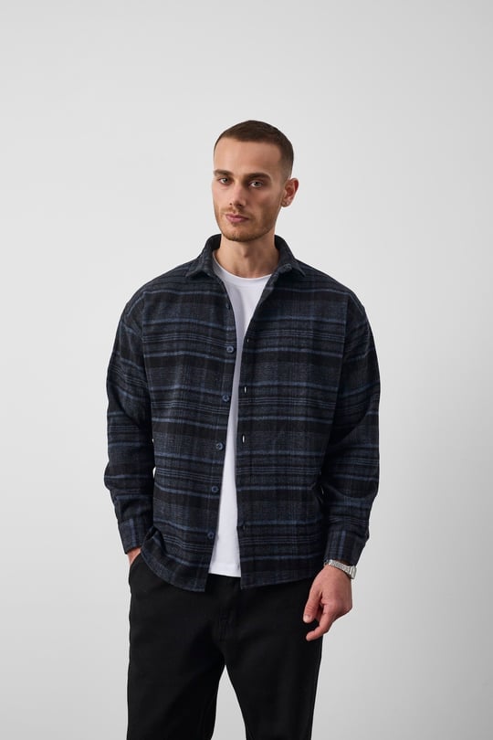 Brandon Relaxed Fit Pamuklu Geniş Çizgili Oduncu Erkek Gömlek - Lacivert
