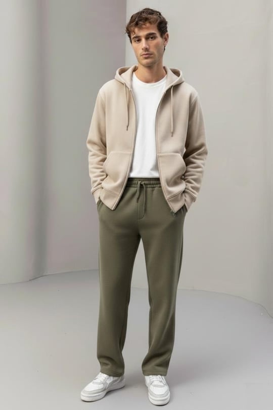İçi Peluş Üç İplik Kumaş Fermuarlı Kapüşonlu Sweatshirt Kum Beji - Baggy Kalıp 3 İplik Şardonlu Eşofman Altı Avcı Yeşili