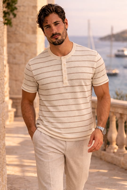 Kristof Pike Kumaş Regular Fit Düğmeli Yaka Kendinden Çizgili T-Shirt - Ekru