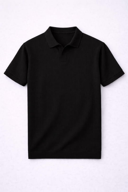 Elatus Çizgili V Yaka İnce Triko Relaxed Fit Polo Yaka Erkek T-Shirt - Siyah