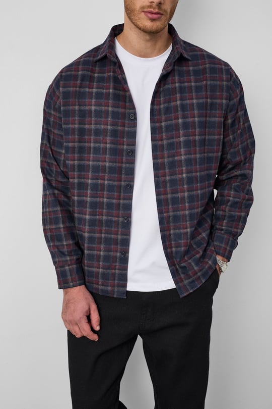 Dragon Relaxed Fit Pamuklu Kareli Flanel Erkek Gömlek - Bordo
