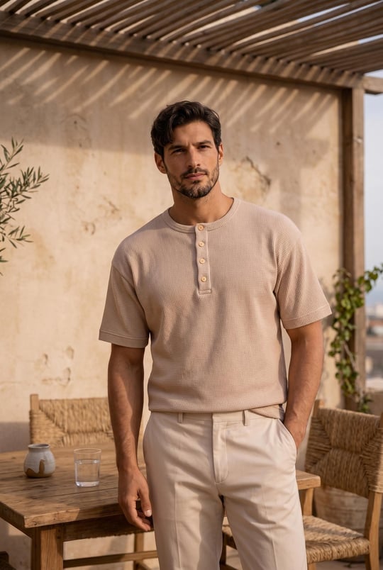 Roth Relaxed Fit Günlük Henley Yaka Waffle Kumaş Yazlık Kısa Kollu T-Shirt - Bej