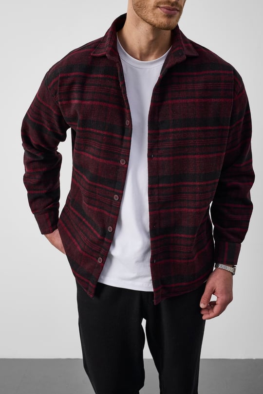 Brandon Relaxed Fit Pamuklu Geniş Çizgili Oduncu Erkek Gömlek - Bordo
