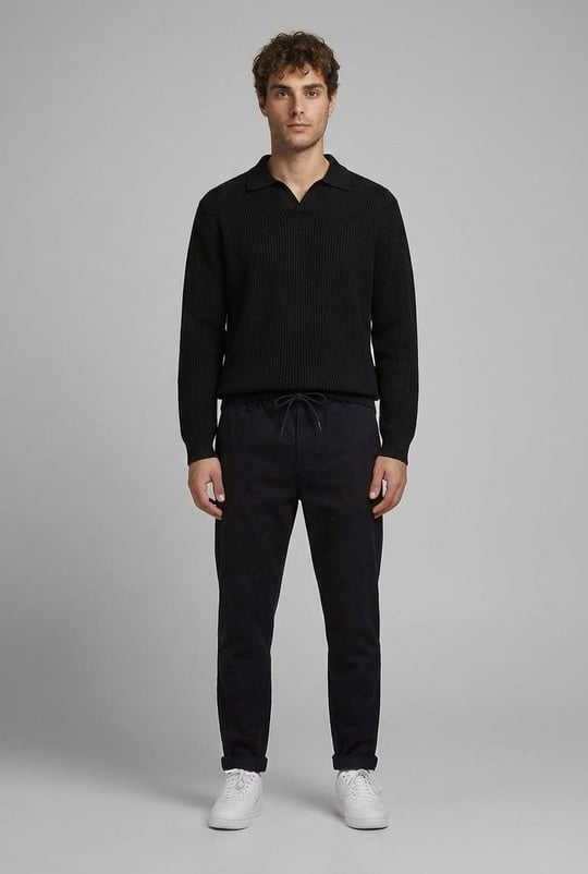 Joris Gömlek Polo Yaka Selanik Örgü Triko Kazak Siyah - Akira Örme Pike Kumaş Regular Fit Pantolon Siyah
