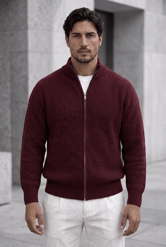 Woody Oversize Selanik Örme Fermuarlı Erkek Hırka- Bordo