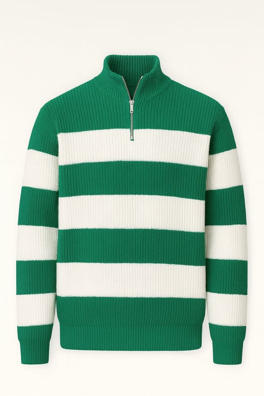 Pedro Oversize Çizgili Selanik Örgülü Yarım Fermuar Triko Erkek Kazak - Yeşil