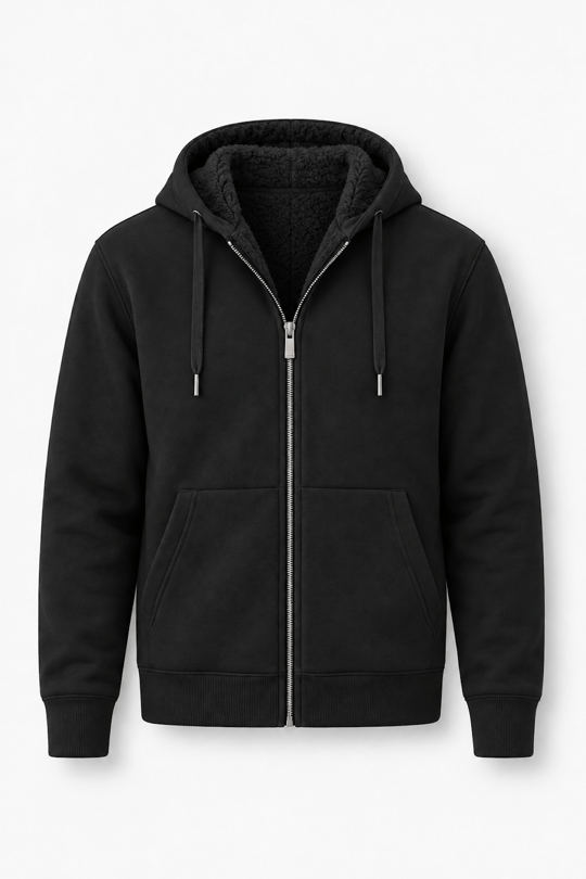 İçi Peluş Üç İplik Kumaş Oversize Fermuarlı Kapüşonlu Sweatshirt- Siyah