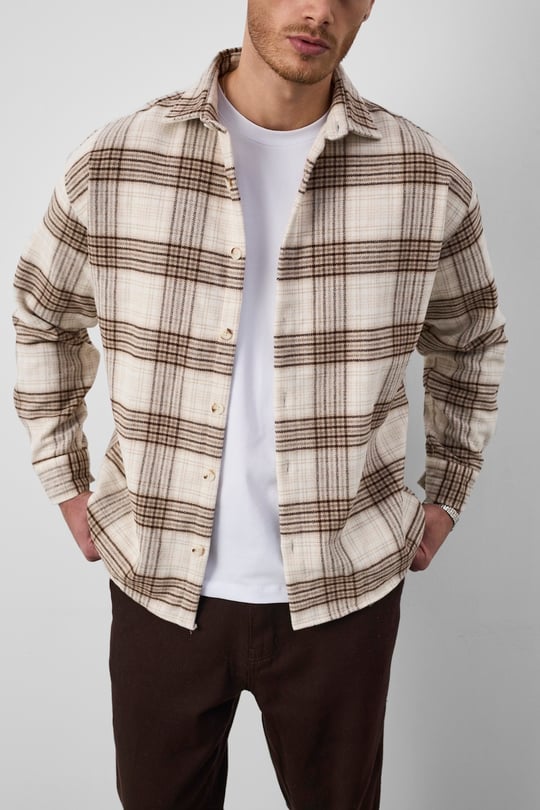 Brandon Relaxed Fit Pamuklu Geniş Çizgili Oduncu Erkek Gömlek - Açık Bej