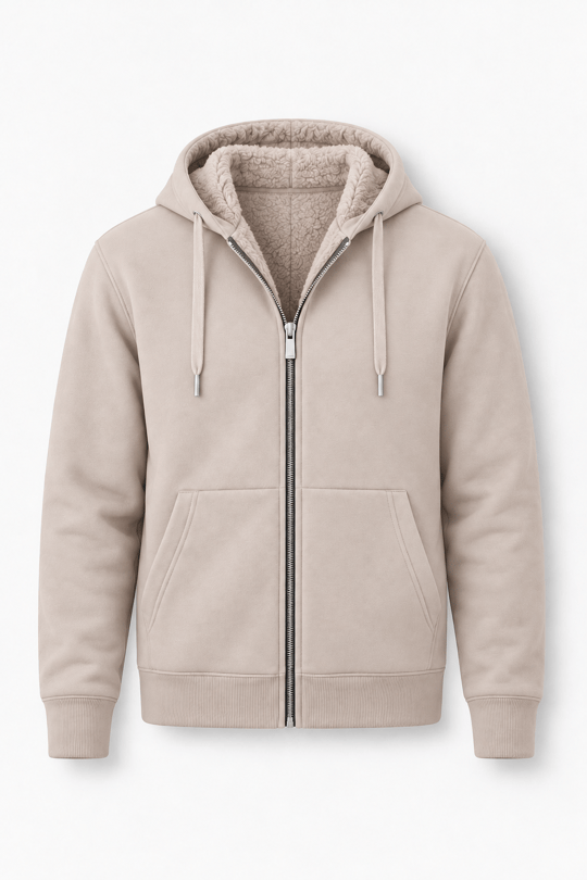 İçi Peluş Üç İplik Kumaş Oversize Fermuarlı Kapüşonlu Sweatshirt - Kum Beji