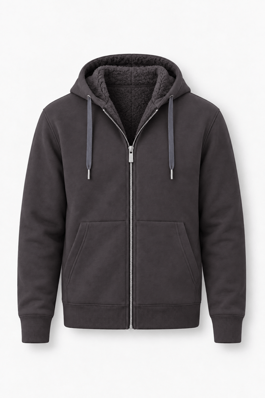 İçi Peluş Üç İplik Kumaş Oversize Fermuarlı Kapüşonlu Sweatshirt - Füme
