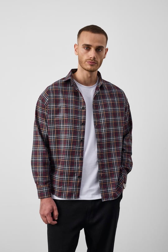 Carol Relaxed Fit Pamuklu Çizgili Flanel Erkek Gömlek - Kırmızı