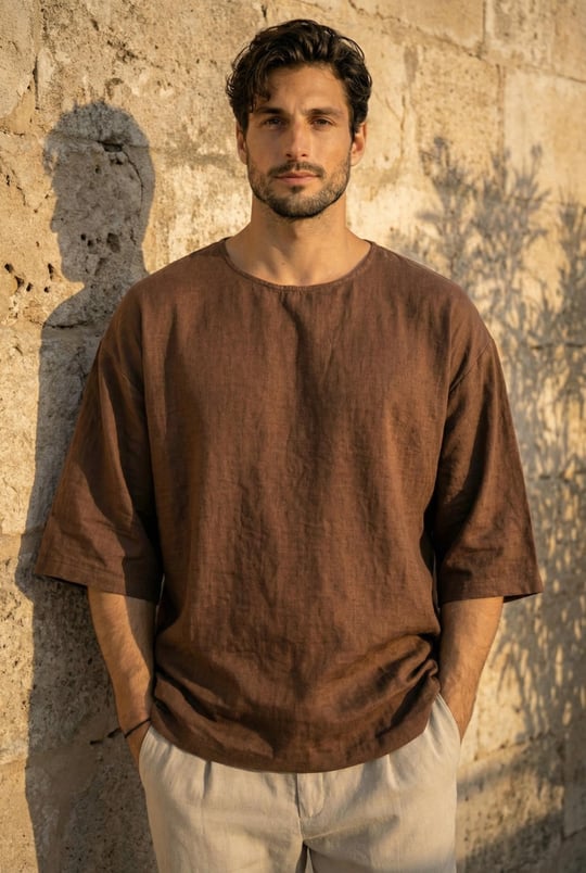 Castiel Bisiklet Yaka Fakir Kol Oversize Kısa Kol T-shirt - Kahve